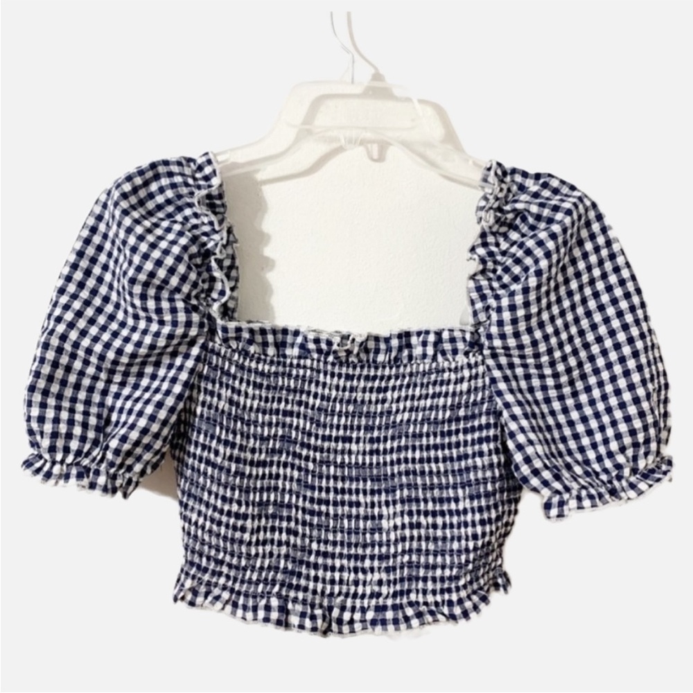 NWOT Missguided Gingham Smocked Cropped Top Puffy Short Sleeve Straight Neckline